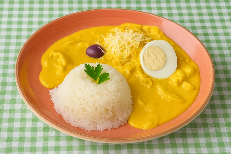 Plato de ají de gallina cremoso con arroz blanco y aceitunas