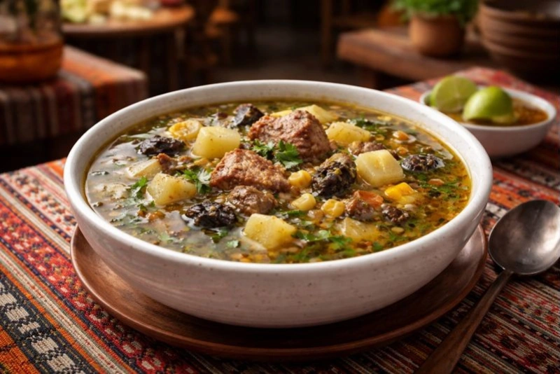 Delicioso chairo puneño servido en un plato humeante