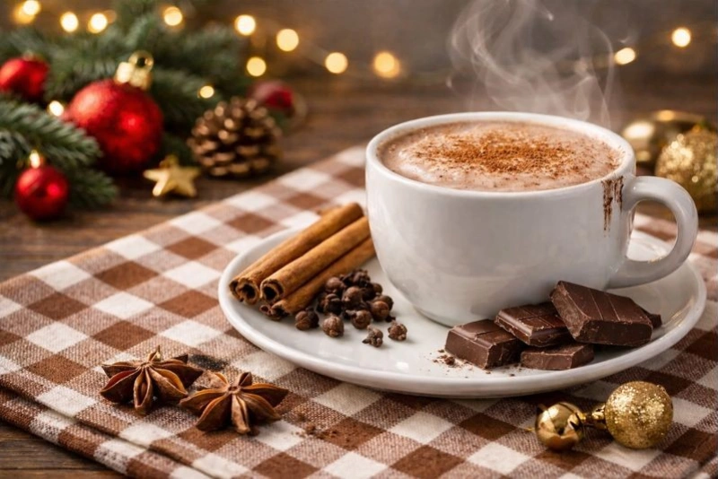Delicioso chocolate caliente espeso peruano en taza humeante