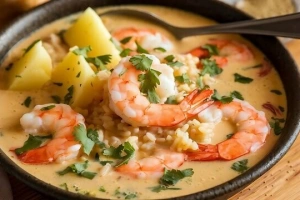 Delicioso plato de chupe de camarones peruano tradicional