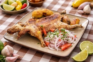Delicioso cuy chactado arequipeño servido con papas doradas