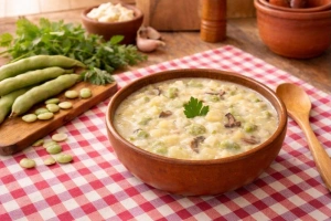 Kapchi de habas ayacuchano en plato con queso y hierbas