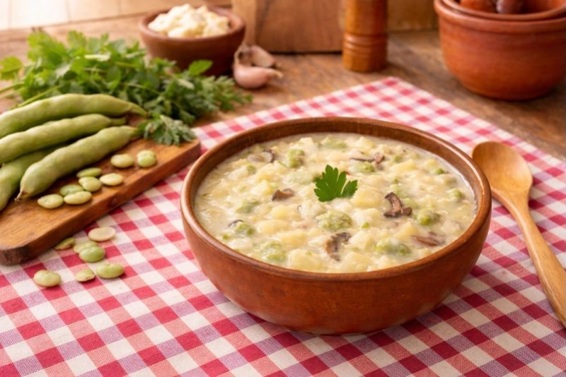 Kapchi de habas ayacuchano en plato con queso y hierbas