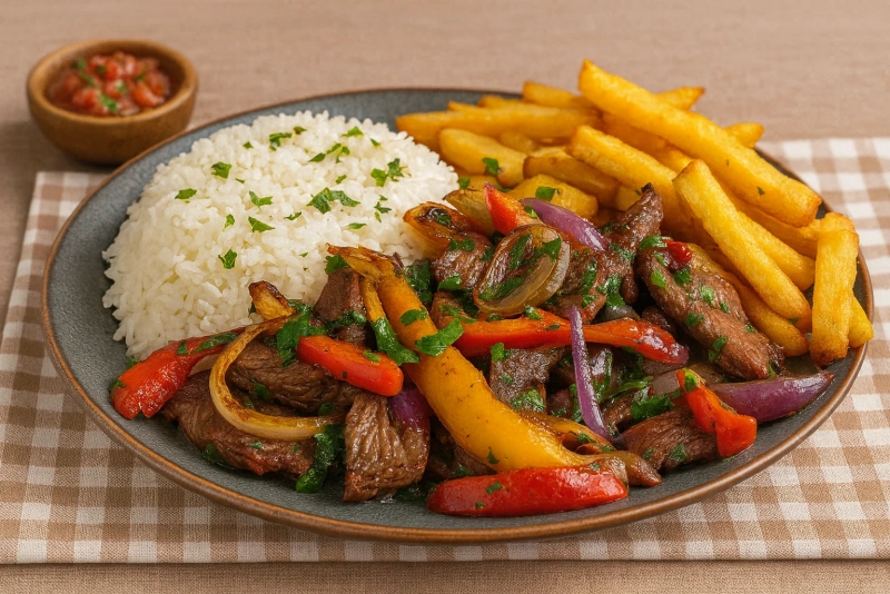 Lomo saltado servido con papas y arroz blanco humeante