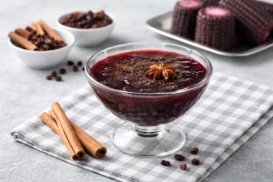 Deliciosa mazamorra morada peruana servida en una copa y de base un mantel.