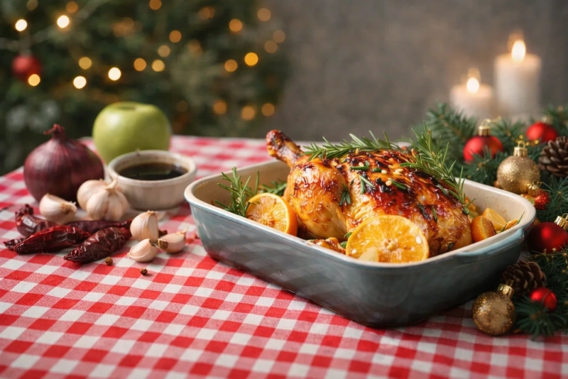 Delicioso pollo al horno navideño peruano dorado y jugoso