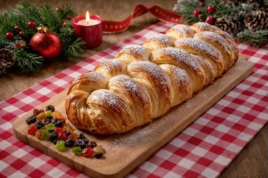 Deliciosa trenza dulce de Navidad recién horneada