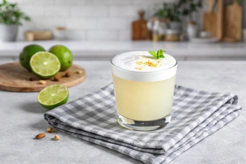 Vaso de pisco sour clásico con espuma y rodaja de limón