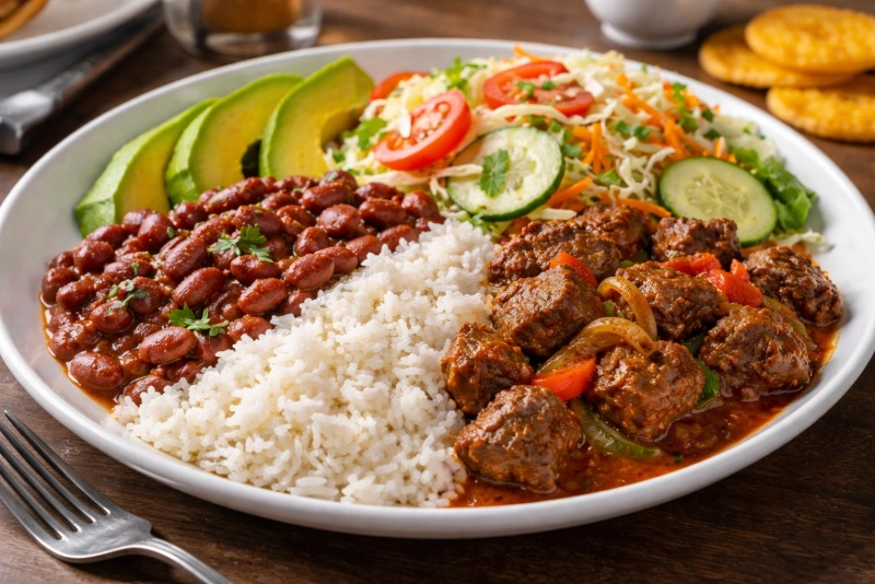 Plato típico la bandera dominicana con arroz habichuelas carne