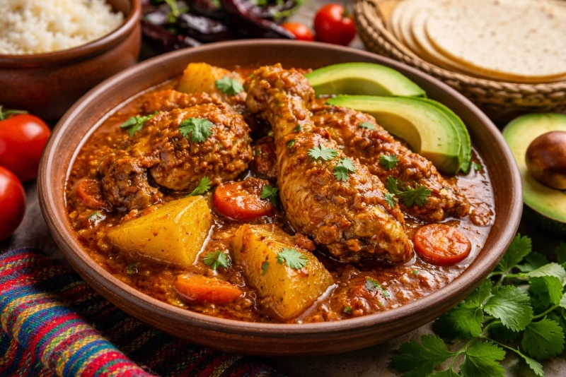 Delicioso pepián guatemalteco de pollo servido con arroz