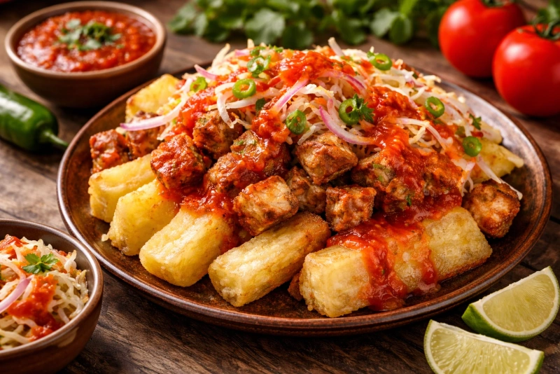 Deliciosa yuca frita con chicharrón al estilo salvadoreño