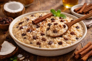 Arroz con dulce de coco y pasas servido en un tazón blanco
