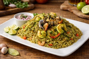 Plato de arroz con mariscos norteño colorido y apetitoso