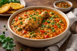 Delicioso asopao de pollo puertorriqueño casero y humeante