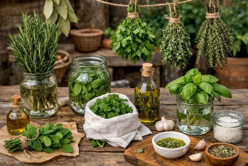 Hierbas frescas en frascos para conservarlas sin refrigerador