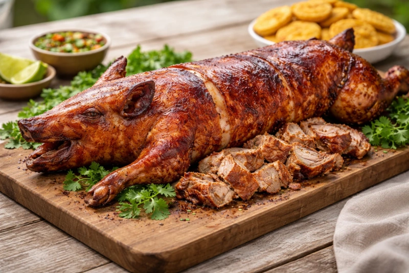 Lechón asado estilo puertorriqueño dorado y jugoso