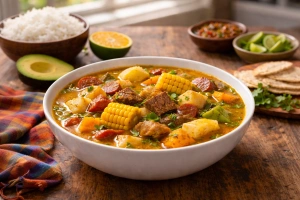 Delicioso sancocho dominicano de siete carnes servido humeante