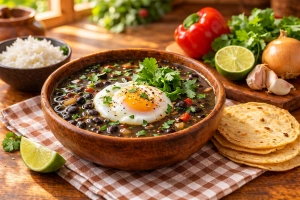Deliciosa sopa negra costarricense con frijoles y huevo