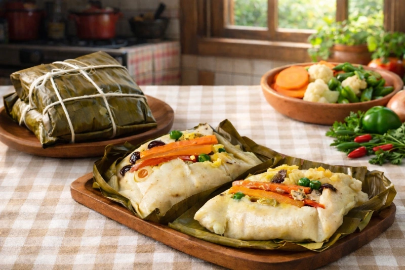 Tamales costarricenses envueltos en hojas de plátano verdes