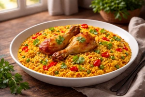 Arroz con pollo panameño con achiote y vegetales frescos