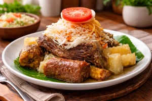 Baho nicaragüense con carne y plátano maduro servido