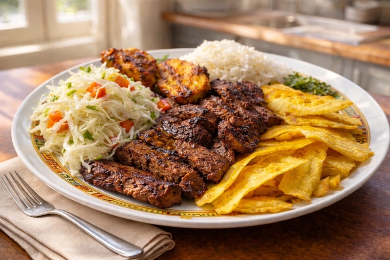 Carne asada nicaragüense con tajadas verdes deliciosas