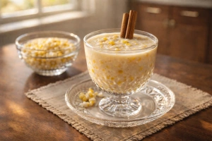 Chicheme panameño frío con maíz y leche en vaso cristalino