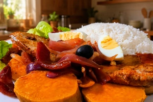 Plato de escabeche de pollo con cebolla y pimientos