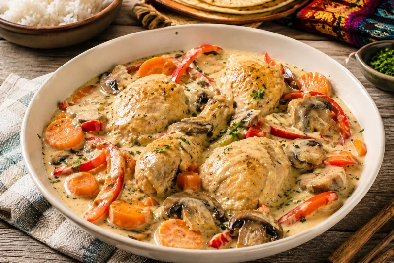 Delicioso pollo en crema guatemalteco con champiñones