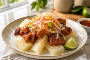 Deliciosa yuca con chicharrón y curtido de repollo hondureño